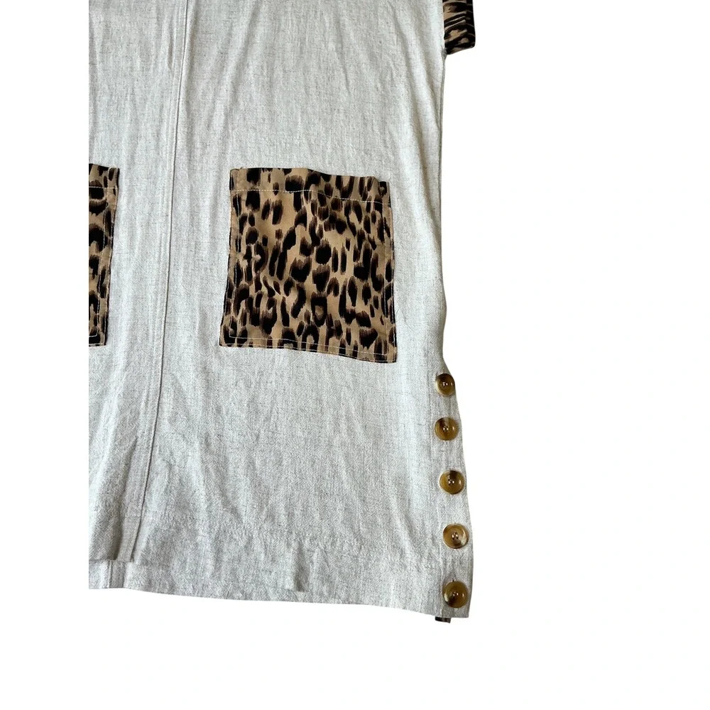 Umgee Womens Linen Blend‎ Leopard Print Pocket Side Button Shift Dress C2431 M